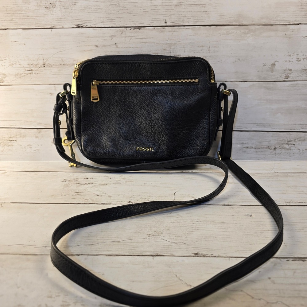 Fossil Fiona Black Pebbled Leather Crossbody Bag Gold Hardware Triple Zip Large